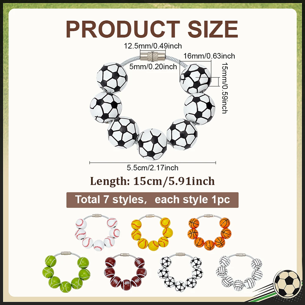 7pcs Sports Charms for Bag Baseball Soccer Basketball Softball Volleyball Bag Charm Keychain Wood Bead Charm Decoative Bags
