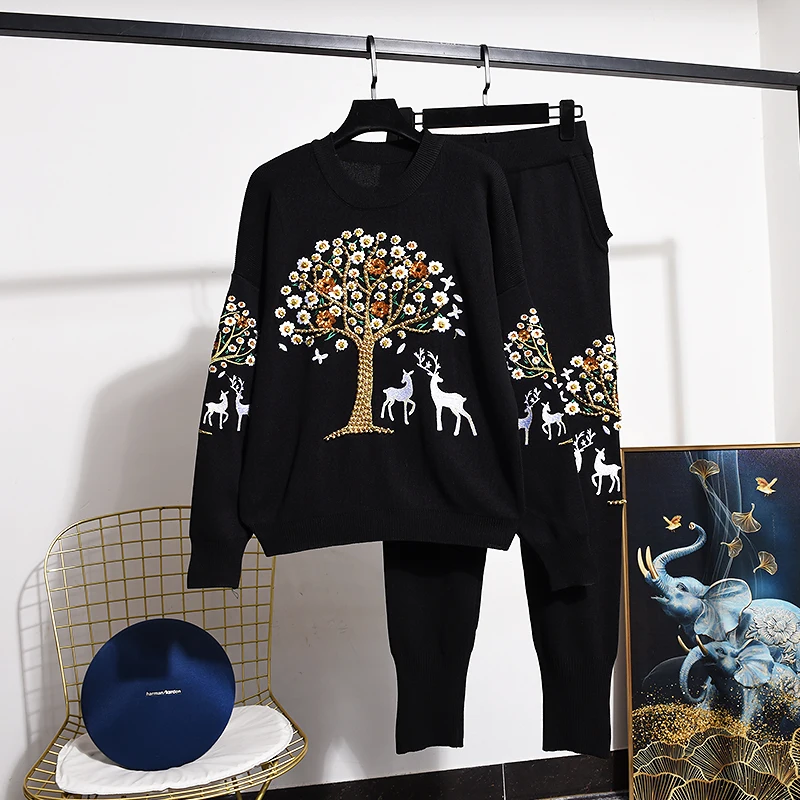 

Autumn Fashion Lady Two-piece Sets Elegant Beading Embroidery Knitted Sweater Top + Loose Casual Harem Pants Women Knit Suits