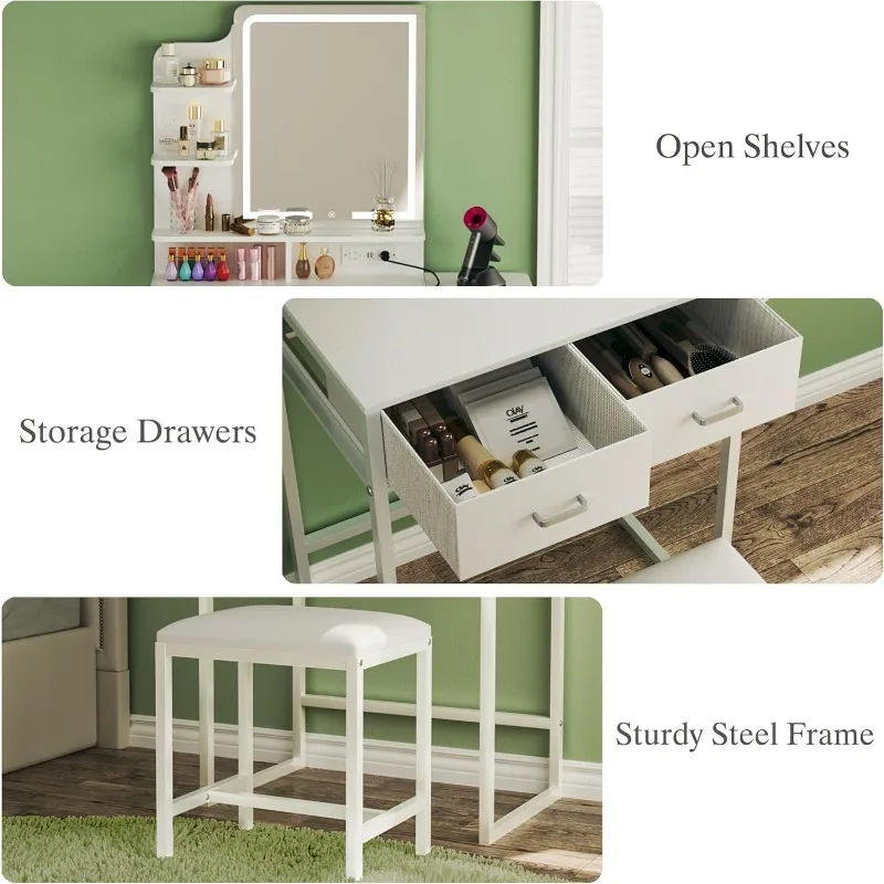 Makeup Vanity Desk with Mirror and Lights, Small Vanity with Fabric Storage Drawer & Chair & Shelves,  Bedroom