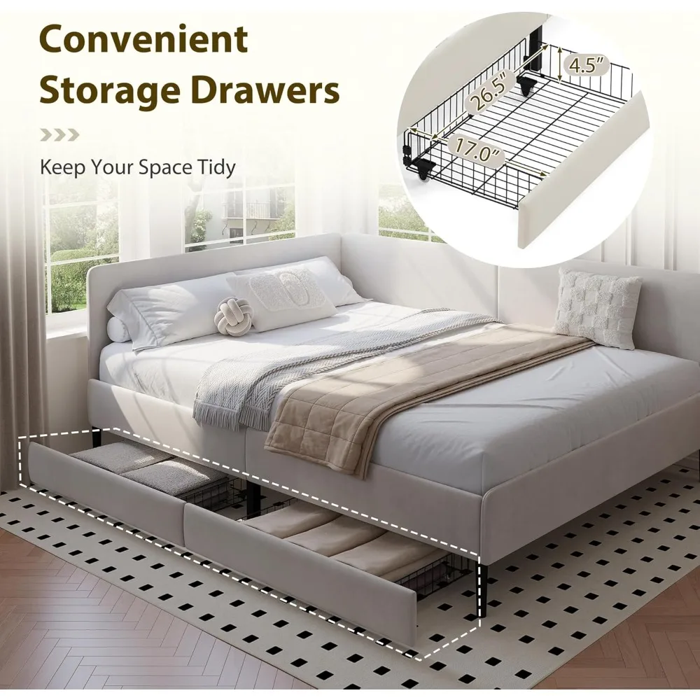 إطار سرير زاوية كامل الحجم على شكل حرف L مع درجين للتخزين، سرير نهاري منجد مخملي مع لوح رأسي ناعم لزجاج غرفة النوم #4