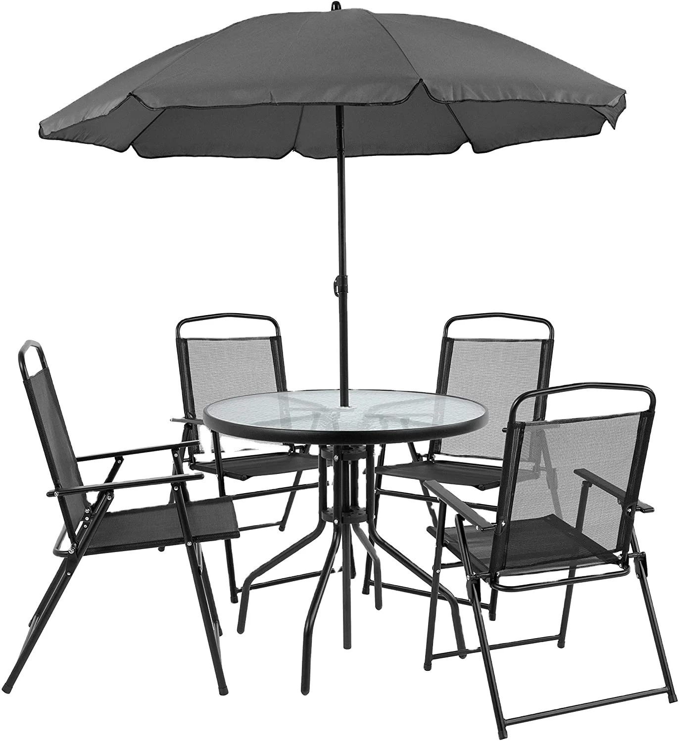 

Outdoor Garden Furniture Set Fold Dining Chair and Table Set With Patio Umbrella 6pcs Set