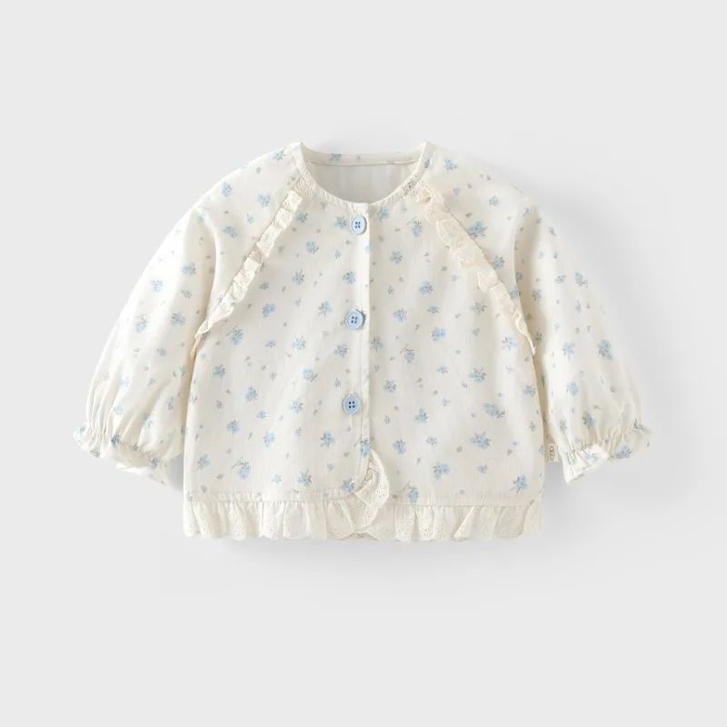 

New Autumn Kids Floral O-Neck Jackets 0-5T Sweet Lace Splicing Long Sleeve Girls Shirt Korean Version Loose Children Clothes