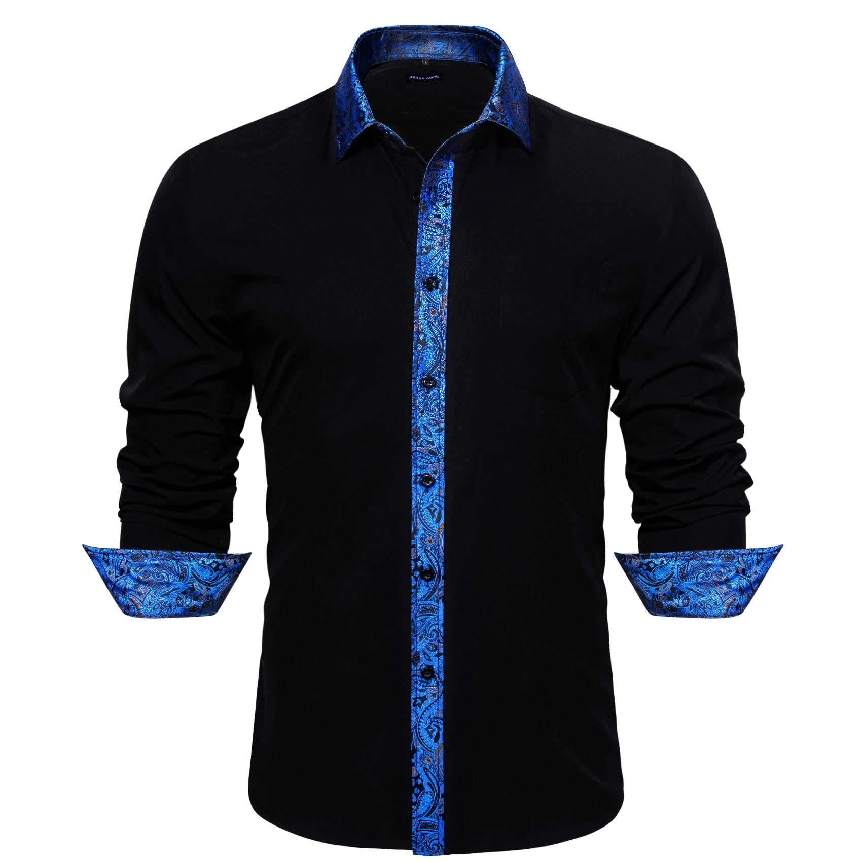 Barry Wang Silk Shirts for Men Long Sleeve Solid White Black Two Colors Patch Slim Fit Male Blouse Casual Tops Cloth Breathable