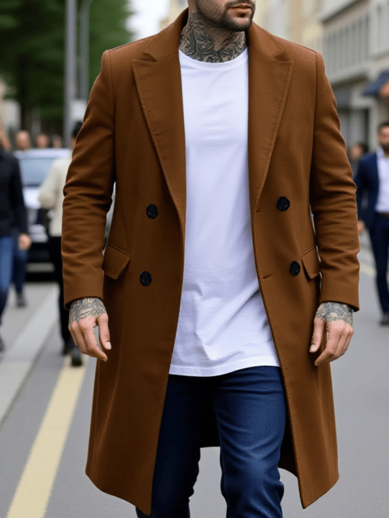 

Men's New Winter Woolen Coat Pure Color Long Jacket Double Breasted Warm Thick Lined Stylish Outerwear for Cold Season
