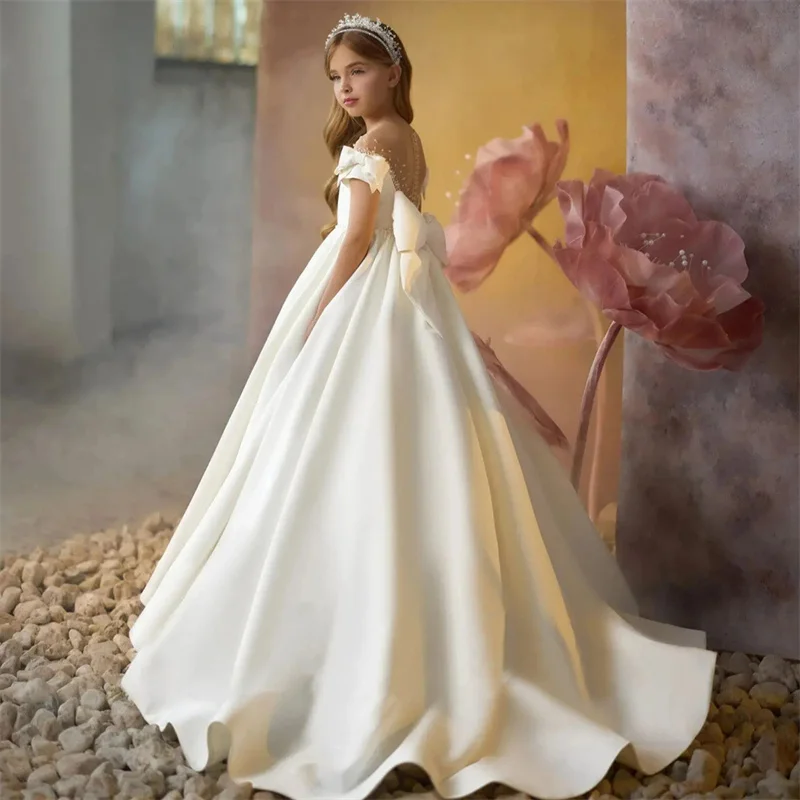Baby Kids Princess Satin Beading Bow Flower Girl Dress Children First Communion Dress Ball Gown Wedding Party Dress Birthday - view 2