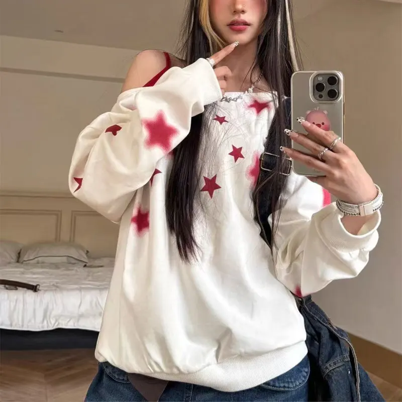 Stylish Off Shoulder Loose Sweatshirts Women's Clothing American Retro Star Spring Autumn Contrasting Colors Skew Collar Hoodies