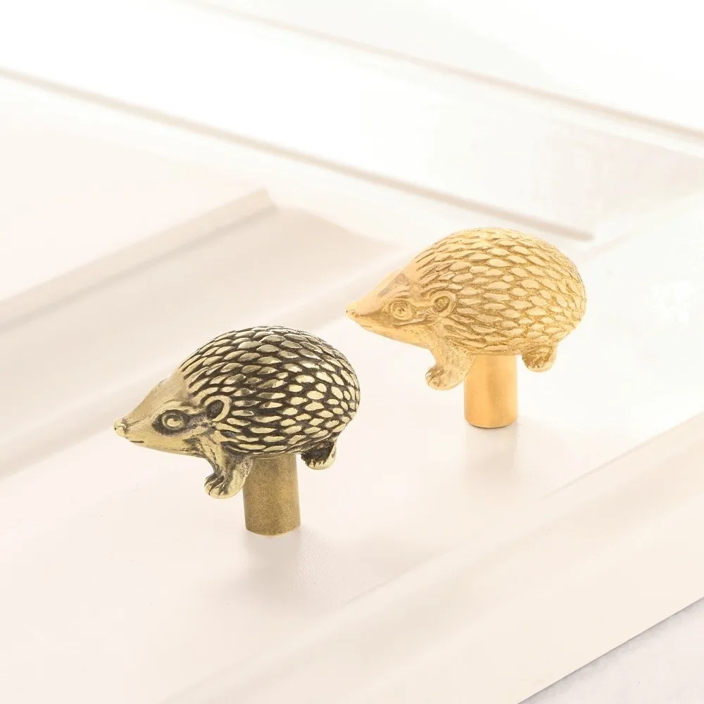 Lifelike Retro Little Hedgehog Brass Handle Vintage Single Hole Cabinet Door Knobs Gold Push-pull Wardrobe Drawer Pulls Kitchen