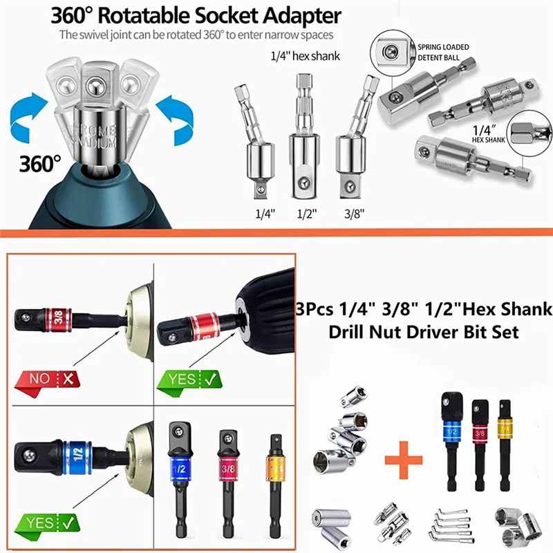 

ABMH-26 шт. Набор гибких удлинителей сверл, 105 шт. ° Насадка для прямоугольной дрели, адаптер гнезда ударной отвертки 1/4 3/8 1/2 дюйма