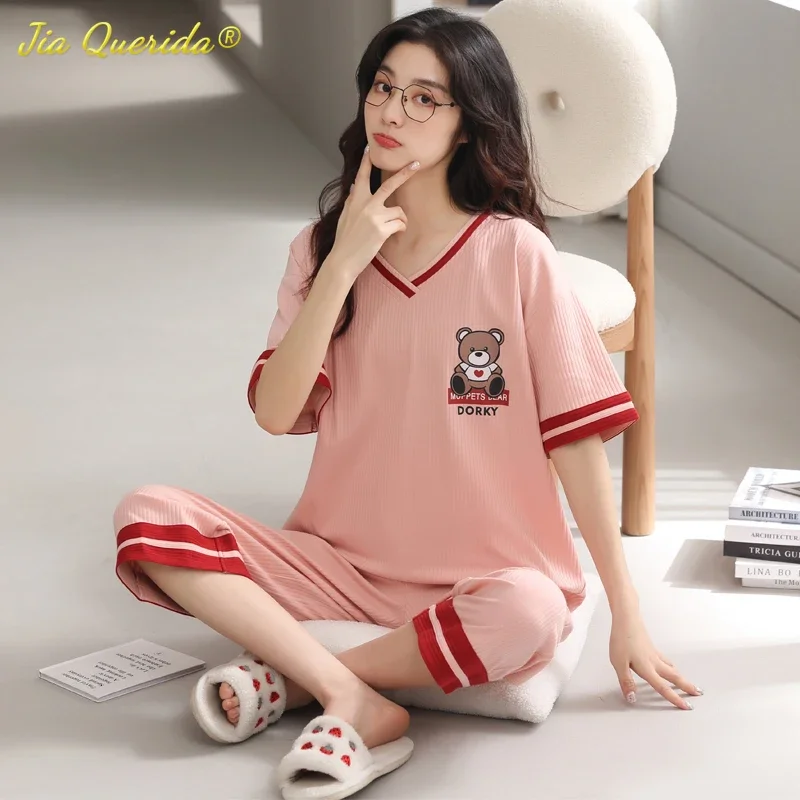 SUKAE Lovely Calf-Length Pants Homewear Cartoon Pyjamas Women Pajama Sets Summer Sleepwear Mujer Nightwear Knitted Cotton Pijama