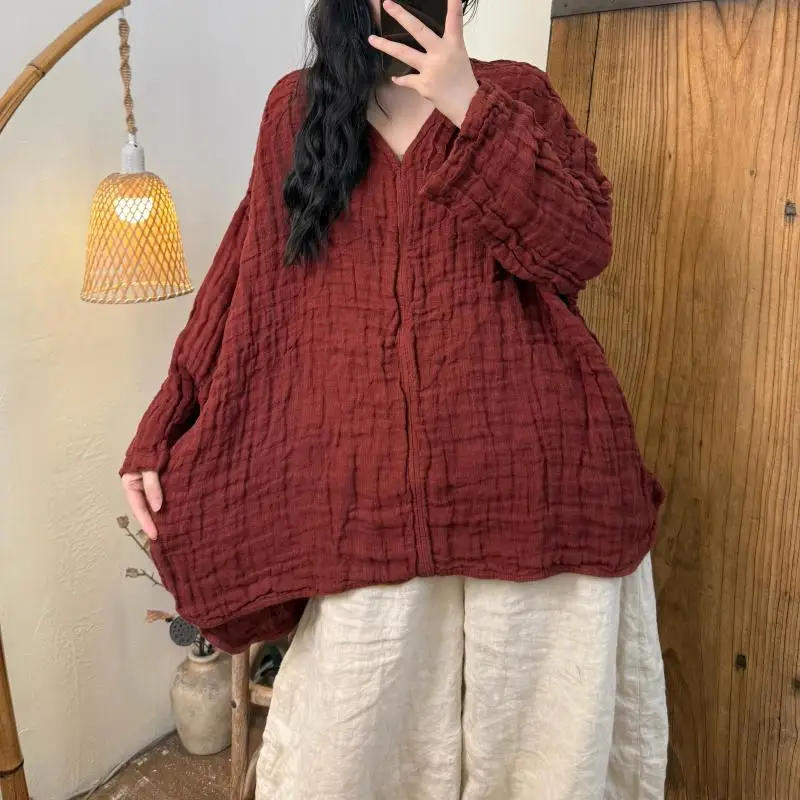 

Весна-Осень, новый художественный стиль, женская свободная асимметричная футболка с v-образным вырезом, высококачественные хлопковые и льняные винтажные топы с длинными рукавами, футболки