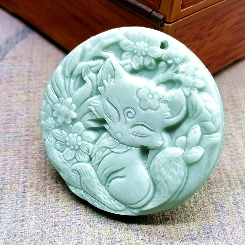 Light Green Jade Hand Carved Nine Tailed Fox Pendant, Fashionable Boutique Jewelry, Men's and Women's Fox Necklace Gift