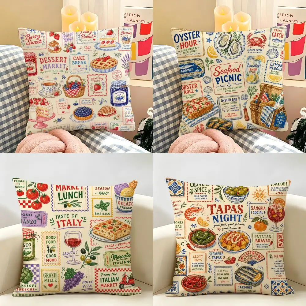 Food Fruits Desserts Puzzle Pattern Cushion Cover Natural Linen Organic Fabric Double-Sided Printing Breathable For Home Decor