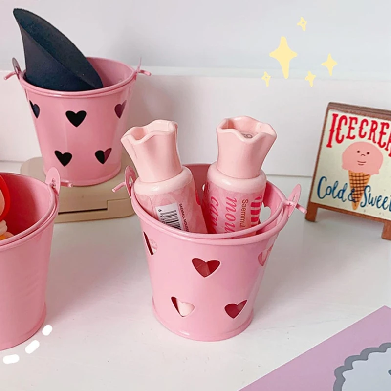 Cute Pink Bucket Pencil Holder Metal Pen Cup Decorative Desktop Storage Organizer for Makeup Brush Stationery Tape Ruler