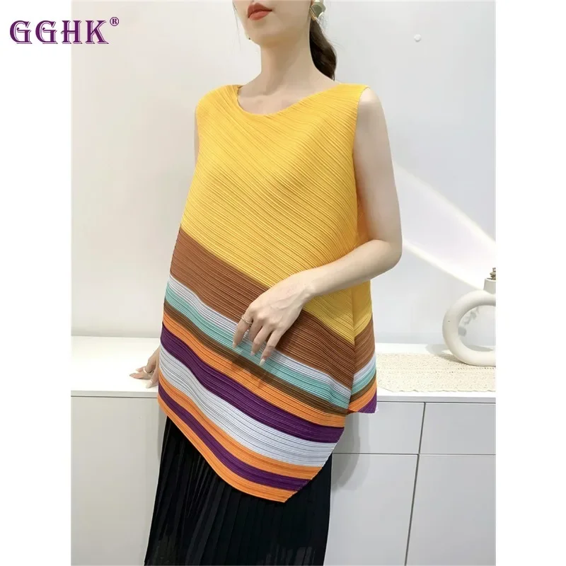 GGHK 2024 Summer New Women T-Shirt Round Neck Sleeveless Printed Irregular Design Comfortable Casual Fashion Female Tops