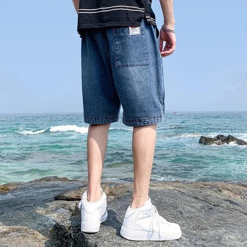 Loose Male Denim Shorts with Pockets Long Half Wide Baggy Bermuda Men's Short Jeans Pants Distressed Korean Fashion Cut New In