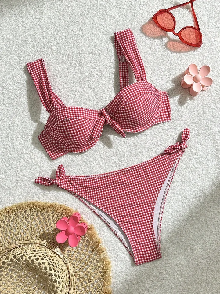 Red Gingham Front Tie Sexy Bikini Set