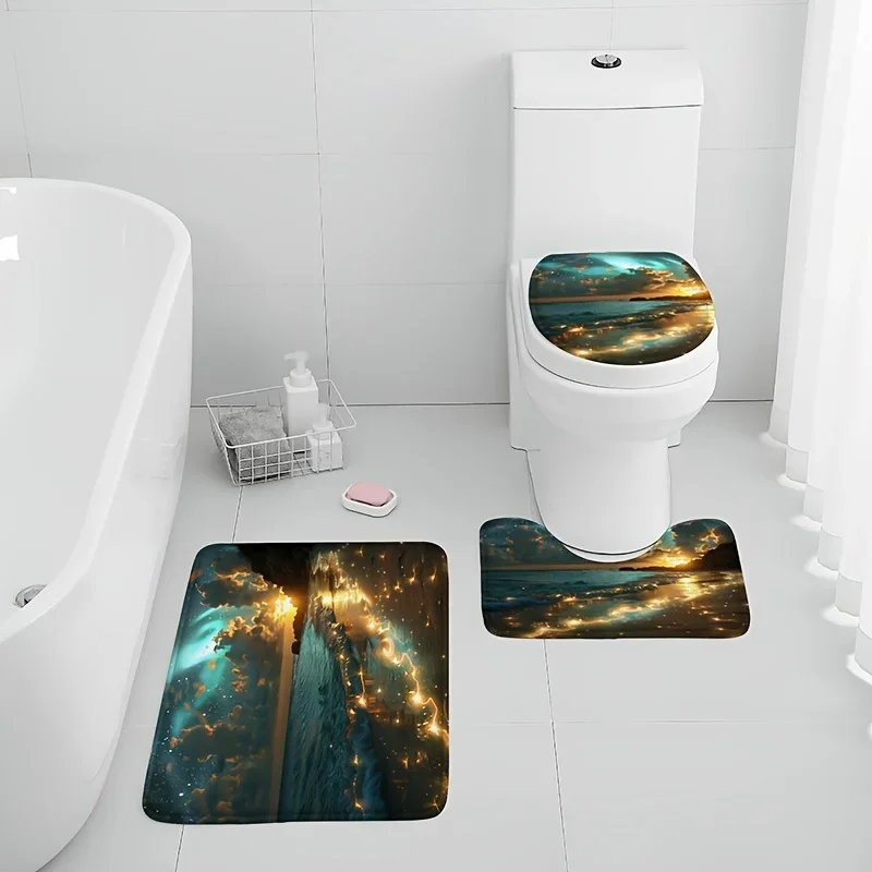 

3-piece beach sunset bathroom carpet bathroom set, small carpet flannel toilet cover, 3-piece bathtub water absorbing foot pad