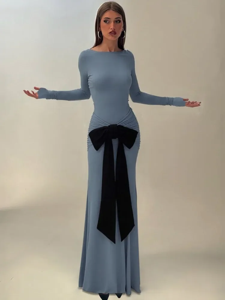 

2025 New Long Sleeve Ruched Bow Sexy Maxi Dress For Women Autumn Patchwork O Neck Bodycon Club Party Long Dresses Female