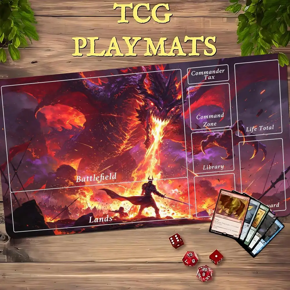 Fire Dragon Fight Mouse Pad Card Playmat Stitched with Magic Zones Tabletop for MTG/TCG Card Battle Commander Gaming Mat