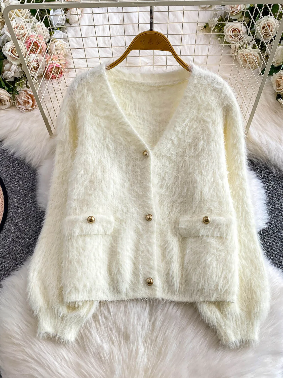 Branco Thiened Furry V-ne Casacos Feminino Outono Inverno Suave Pequena Fraança Sle Leve Luxo Metal Bule Sli...