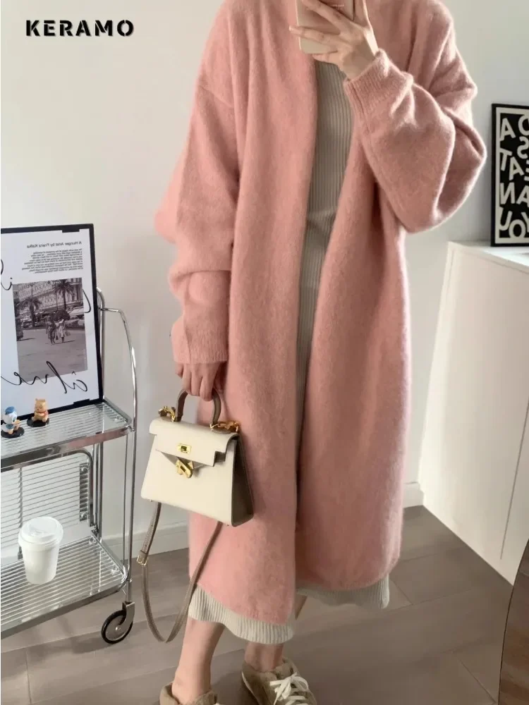 2024 Winter Fashion Casual Oversized Warm Simple Sweater Women Vintage Style Solid Color Knitting Long Sleeve X-long Cardigans