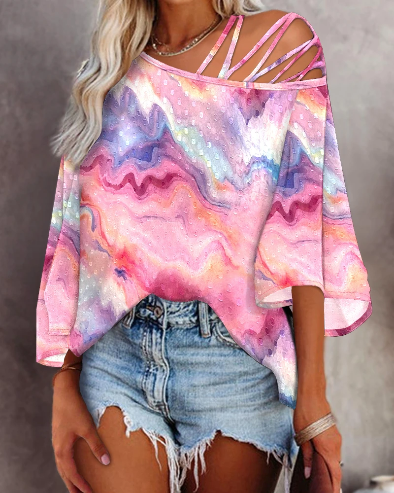 

Gradient printed off shoulder bat sleeve top for women, fashionable and casual loose top, new for spring/summer 2025