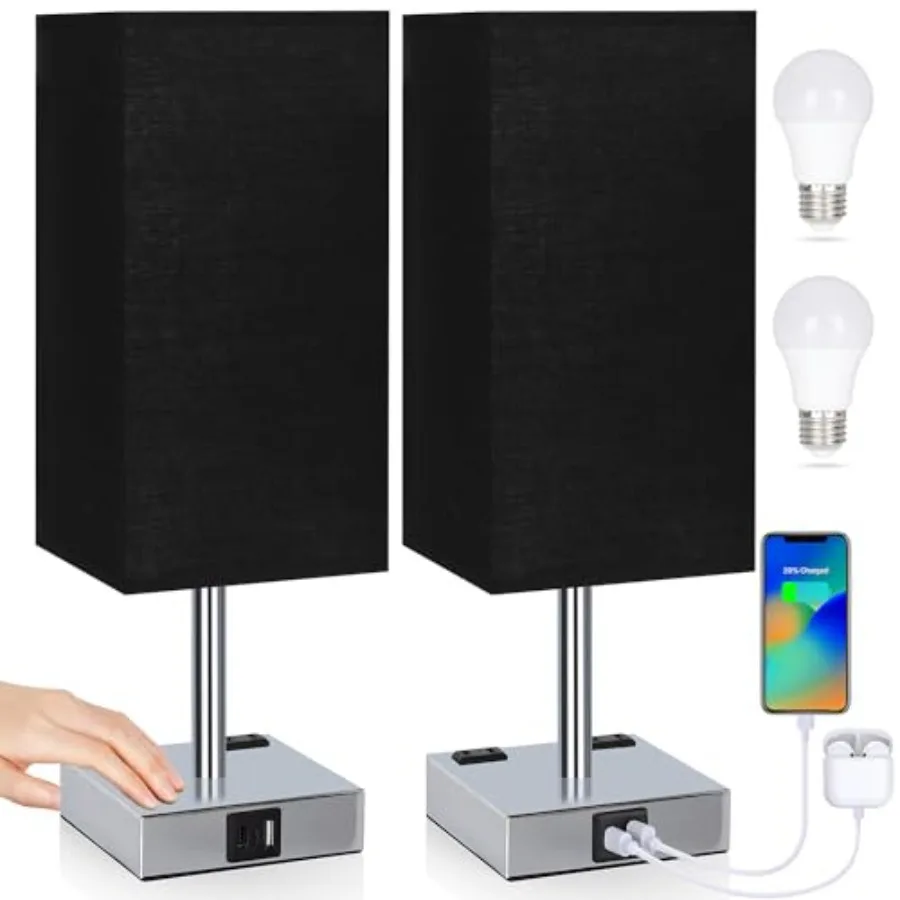 

Набор из 2-х прикроватных ламп с 3-ступенчатой регулировкой яркости, USB-C и USB-A портами для зарядки, 2 розетками переменного тока и светодиодными лампами 3000K