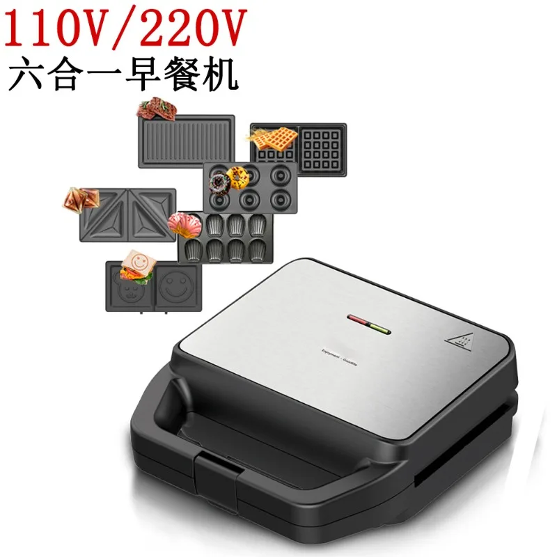 110V 6-in-1 Breakfast Machine Sandwich Waffle Donut Maker Smiley Face Cake Baking Machine for Home