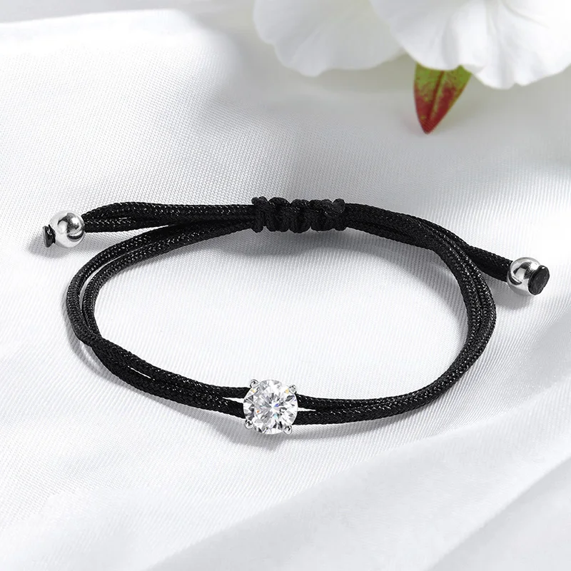 Smyoue Braided-rope Round Moissanite Bracelets for Women Men Sparkling Classic Adjustable Chain 14-21cm 925 Sterling Silver 100%