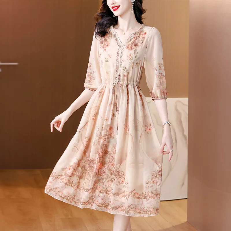 

Women Elegant Floral Printing Chiffon Dress V-neck Lantern Sleeve Natural Silk Office Dresses Summer Women Fairy Vestido