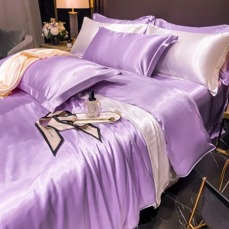 Nordic Silk Bedding Set with Duvet Cover Bed Sheet Pillowcase Luxury Couple Single Double Summer Home Textile Solid Bedsheet