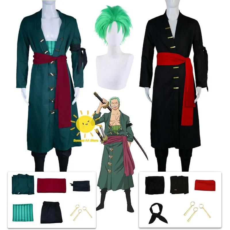 Costume de Cosplay Anime Roronoa Zoro pour Homme, Uniforme Vert Noir, Manteau, Ceinture, Pantalon, Foulard, Perruque Zoro, Boucles d'Oreilles, Vêtements d'Halloween