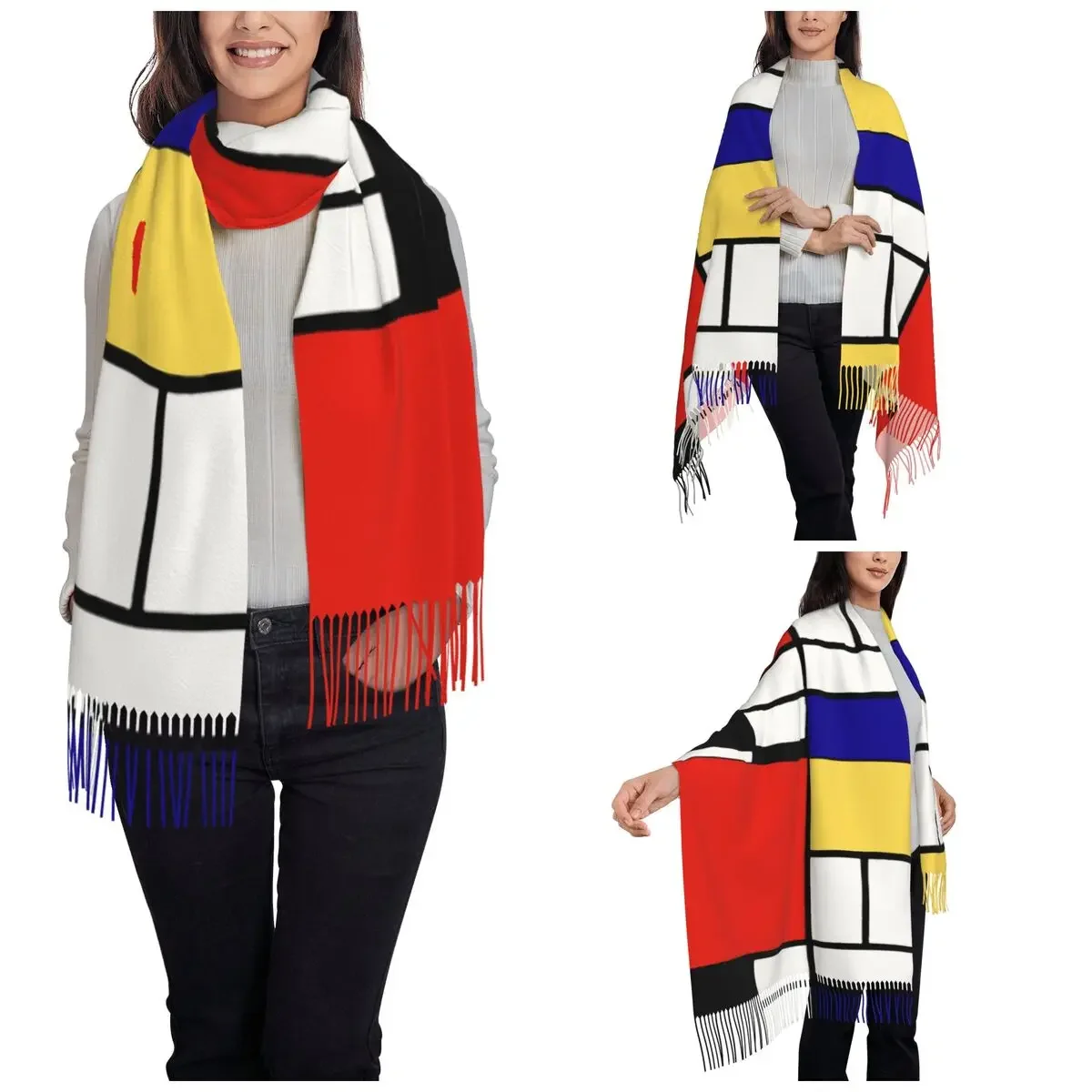 Bufanda de arte minimalista para mujer, chal largo geométrico de Cachemira, envoltura Mondrian, Otoño e Invierno