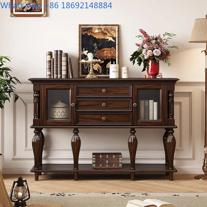 Solid Wood Entryway Cabinet Rustic Style Storage Bench for Hallway Home Use Walnut Finish
