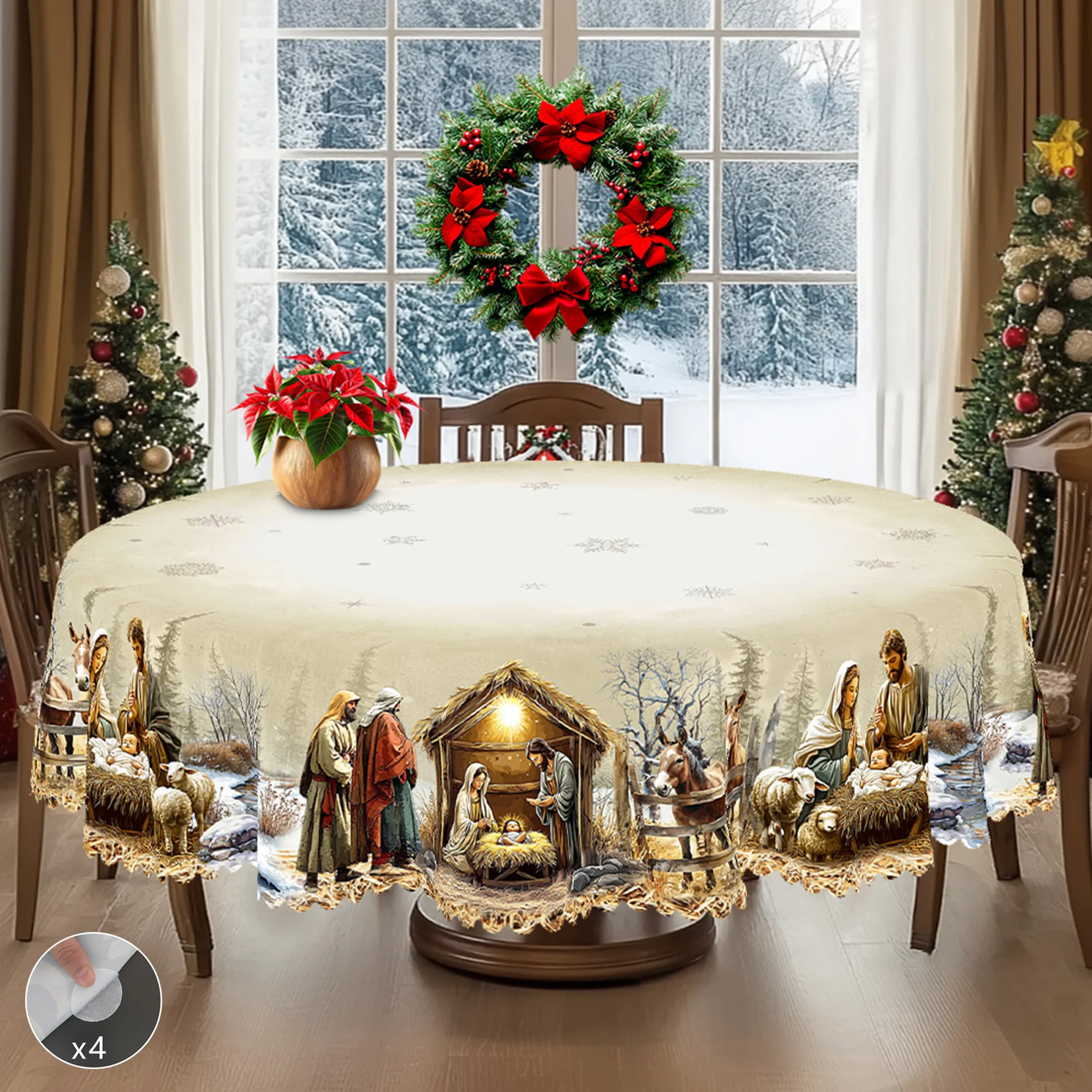 1 Piece of Christmas-Themed Gold-Printed Tablecloth, Vintage Country Farmhouse Style, Nativity Scene Pattern Design, Suitable for Christmas, New Year's Parties, Party Decorations, Kitchen Accessories, Room and Outdoor Decorations, Gifts for Friends, Rectangular and Round Tablecloths, Various Sizes Available