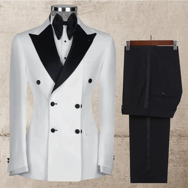 

Double Breasted Formal Suits for Men Slim Fit Split Wedding Tuxedo Male Fashion Set 2 Pieces Custom Made Jacket with Black Pants