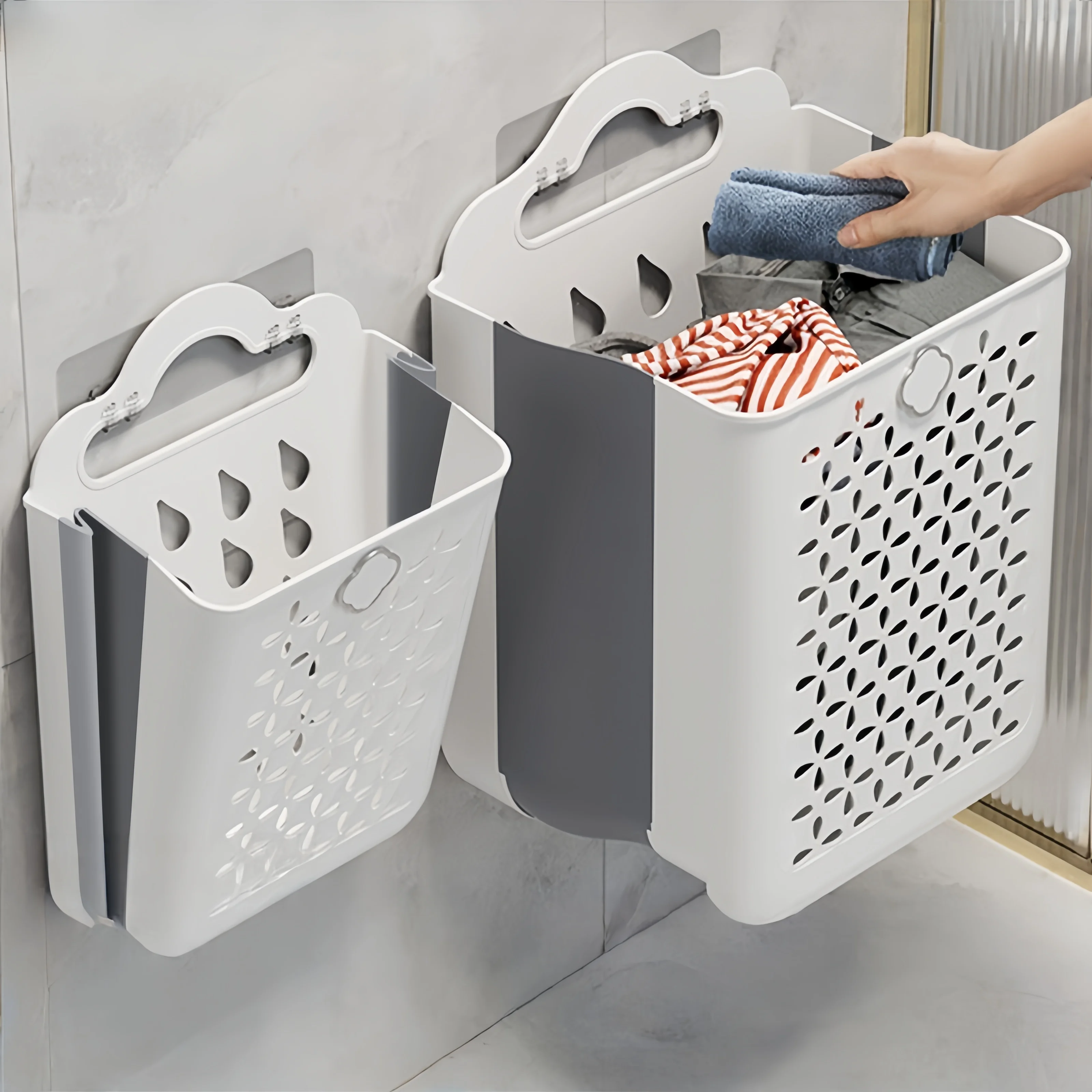 

Foldable Dirty Clothes Basket Home Bathroom No Punching Wall Mounted Hollow Storage Basket Large Capacity Storage Basket