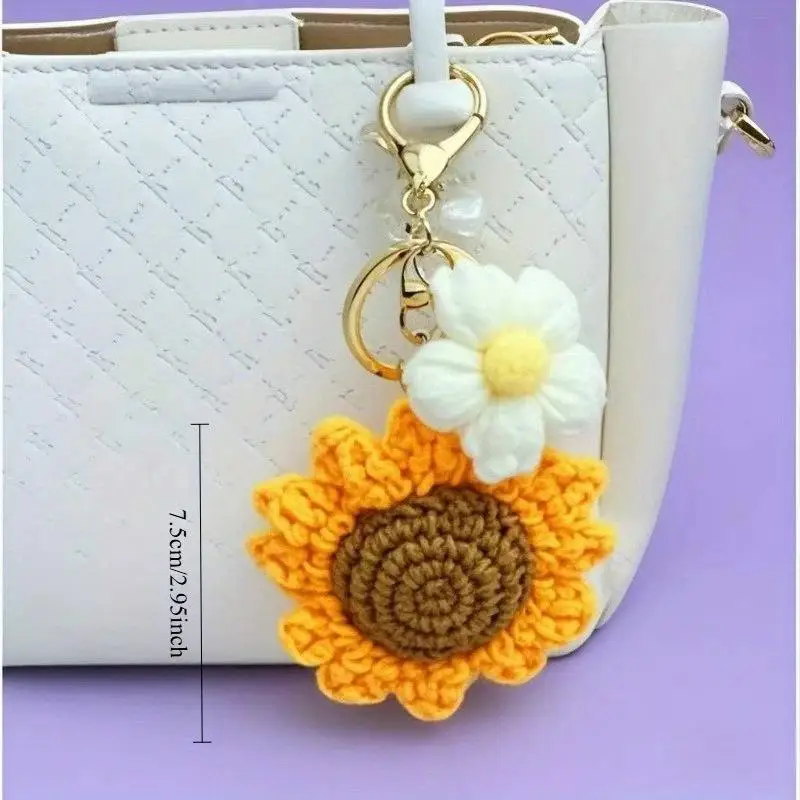 Handgefertigter Häkel-Sonnenblumen-Schlüsselanhänger mit grünem Blatt-Anhänger zur Rucksackdekoration, täglicher Gebrauch, Geschenk für Sonnenblumen-Fans – Detail 9