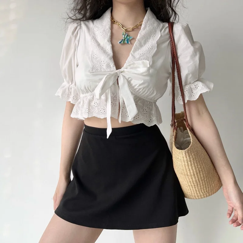 Embroidery Lace Patchwork Short Blouse Summer New Short Sleeve Bandage Solid Sexy Shirt Tops Fashion Temperament Women Clothing