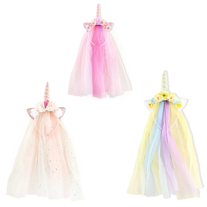 Girls hair accessories flower headband mesh rainbow color unicorn headband princess gradient tassels baby hair accessories