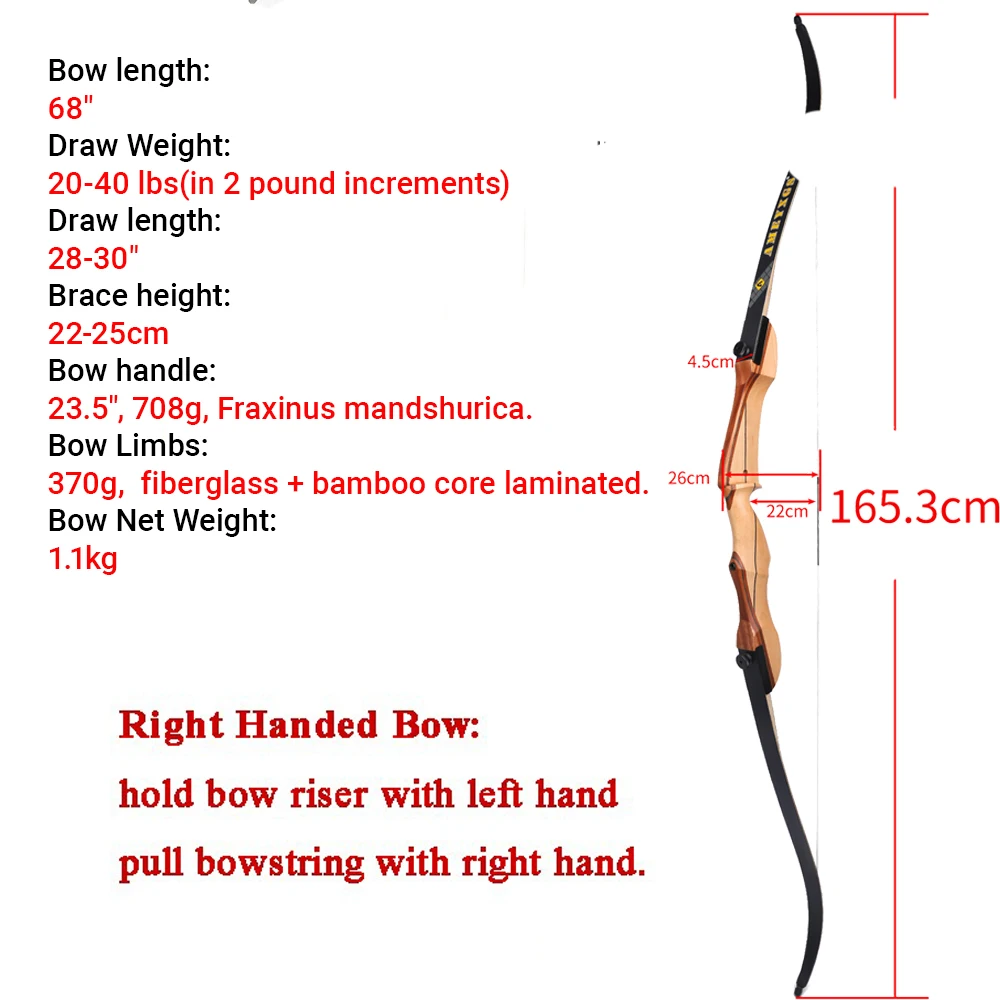 20-40lbs Recurve Bow 68 Inch Hunting Bow Wood Handle Takedown Split Bow Arrow Set Archery Shooting Target Training