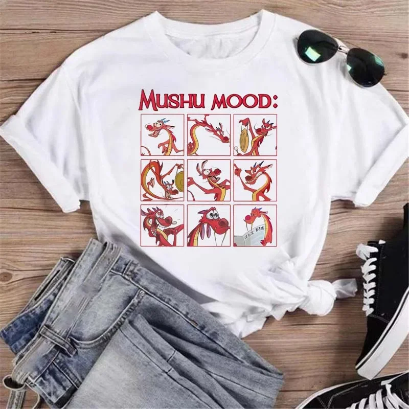 Disney Mulan Print T-shirt Women Harajuku Aesthetics Casual Y2K Tops Summer Fashion Mushu Printed Female Clothing