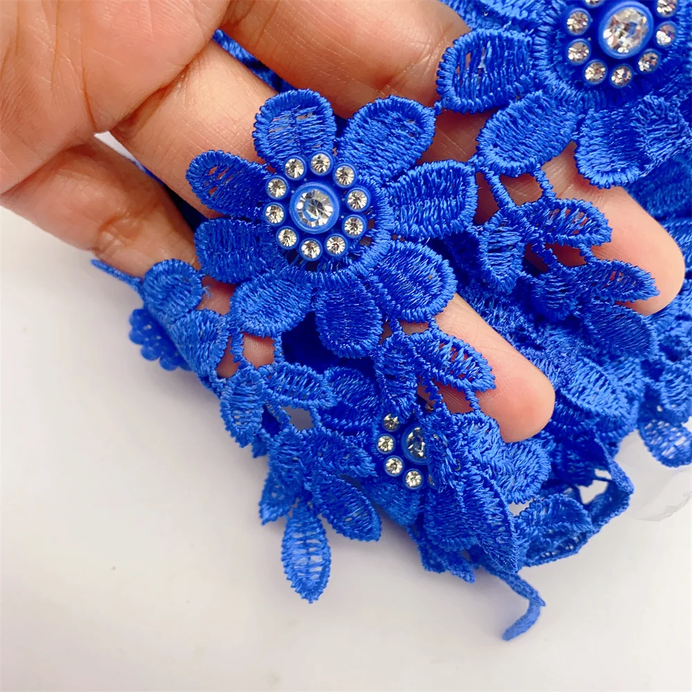 9yards Many Colors African Lace Trim with Rhinestone Embroidered Nigeria Venice Wide 7CM