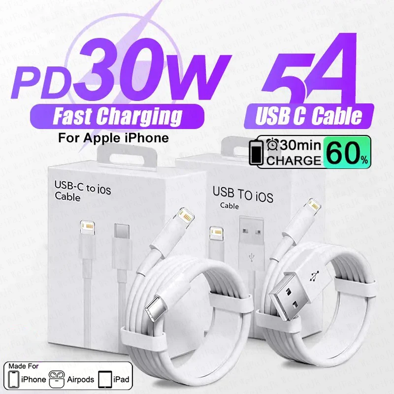 For Apple 30W Quick Charger USB Type C Lightnings For iPhone 15 14 13 12 11 Pro Max Plus XR XS Fast Charging iPhone Charge Cable