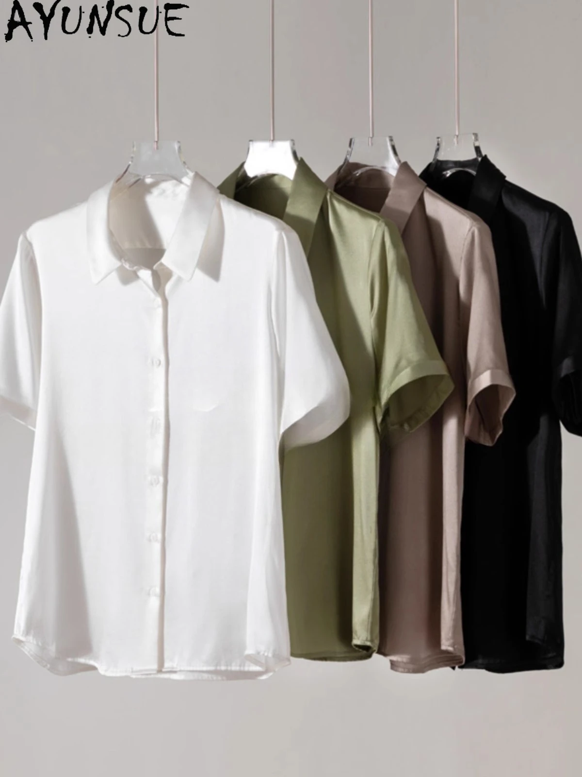 

AYUNSUE 92% Mulberry Silk Blouse Woman Short Sleeve Shirts Woman Summer Tops for Woman Clothing High Quality Tops Femme 2025