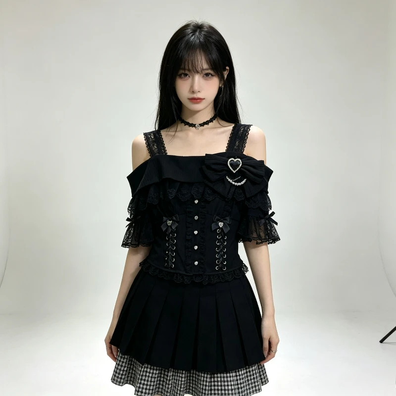 Sweet Lolita Off‑Shoulder Vest Women Ruffle Lace Bow Heart Rhinestone Corset Top Short Puff Sleeve Bandage Y2K Gothic Party Top