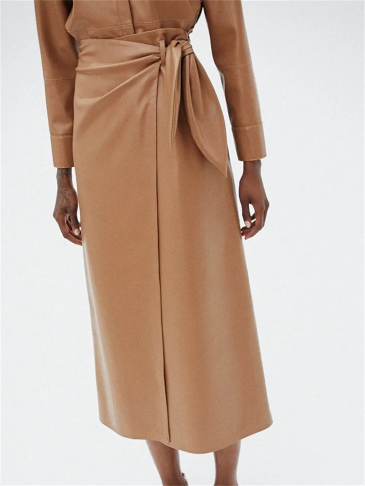 Women's Faux Leather Midi Skirt Rabbit Lace Up Wrap Ladies High Waist Long Skirt Female Jupe Fashion Clothes