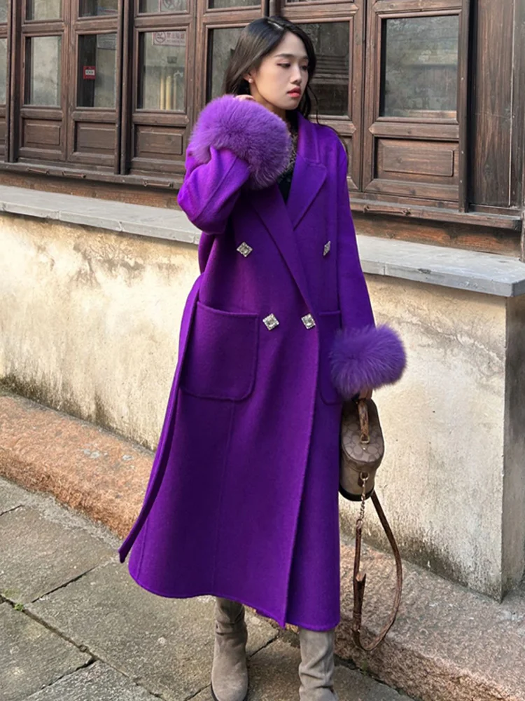 معطف نسائي جديد لعام 2025 من صوف الكشمير الطويل معطف صوفي طبيعي من فرو الثعلب الحقيقي سترة شتوية للسيدات ملابس خارجية ملابس خروج