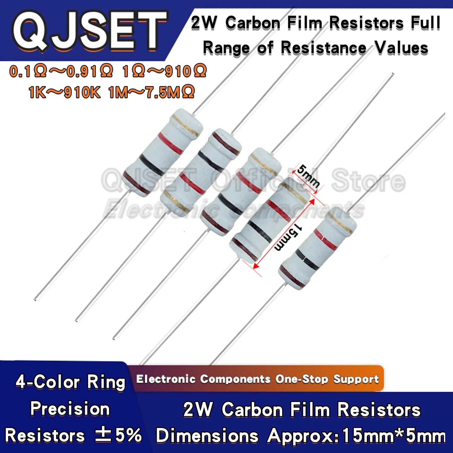 

200 шт. 2 Вт резисторы из углеродной пленки 5% 4-цветные кольцевые резисторы 10 47 100 470 Ом 1K 4,7K 10K 47K 51k 100k 200k 470k 510k 910k 1M Ом