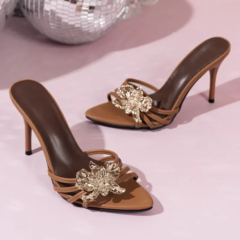 

Sandals and Slippers for Women in Summer 2025 New Stiletto High Heels Flip-flops Flower Gold High-end Sandals